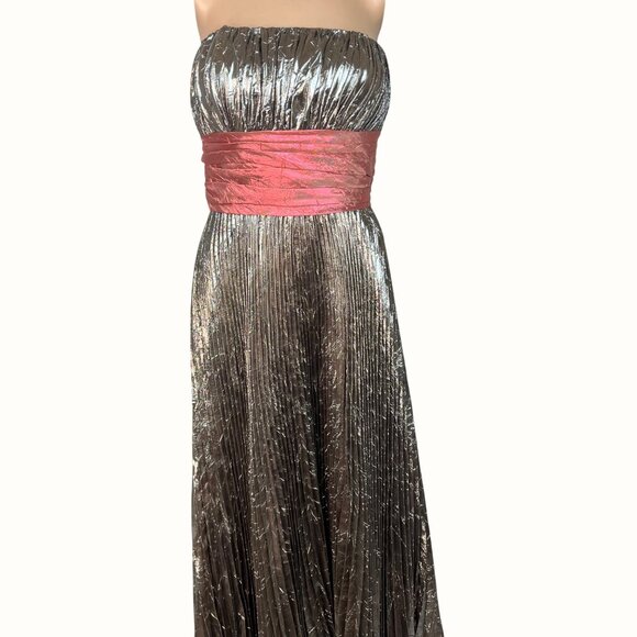Precious Formals Metallic Silver Strapless Gown Pleated with Scarlet Band Sz 12 - Picture 8 of 10